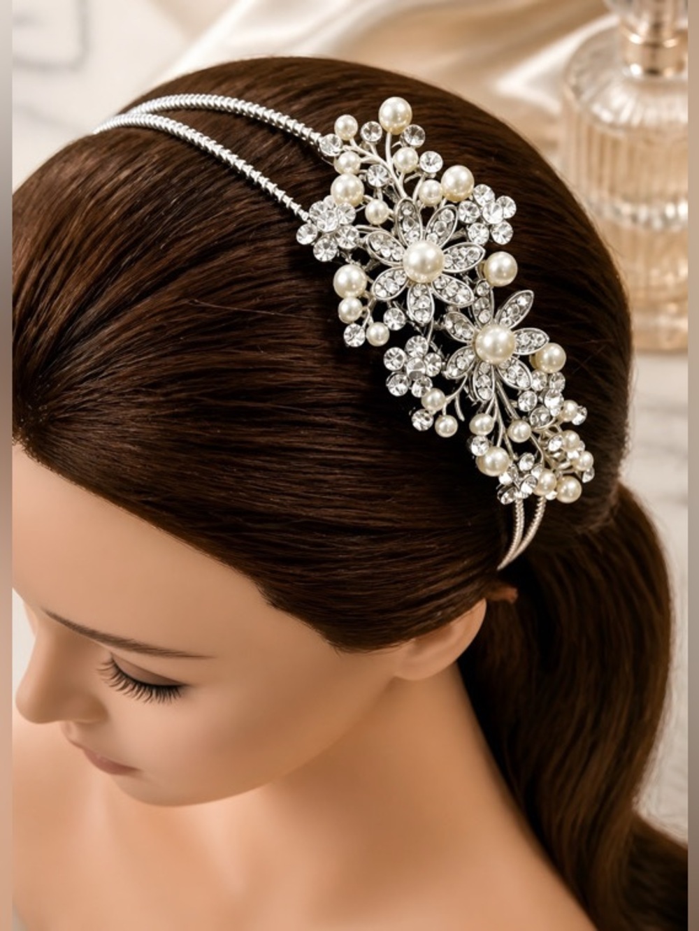 Silver-tone Faux Pearl & Crystal Floral Headpiece - Elegant Bridal Hairband